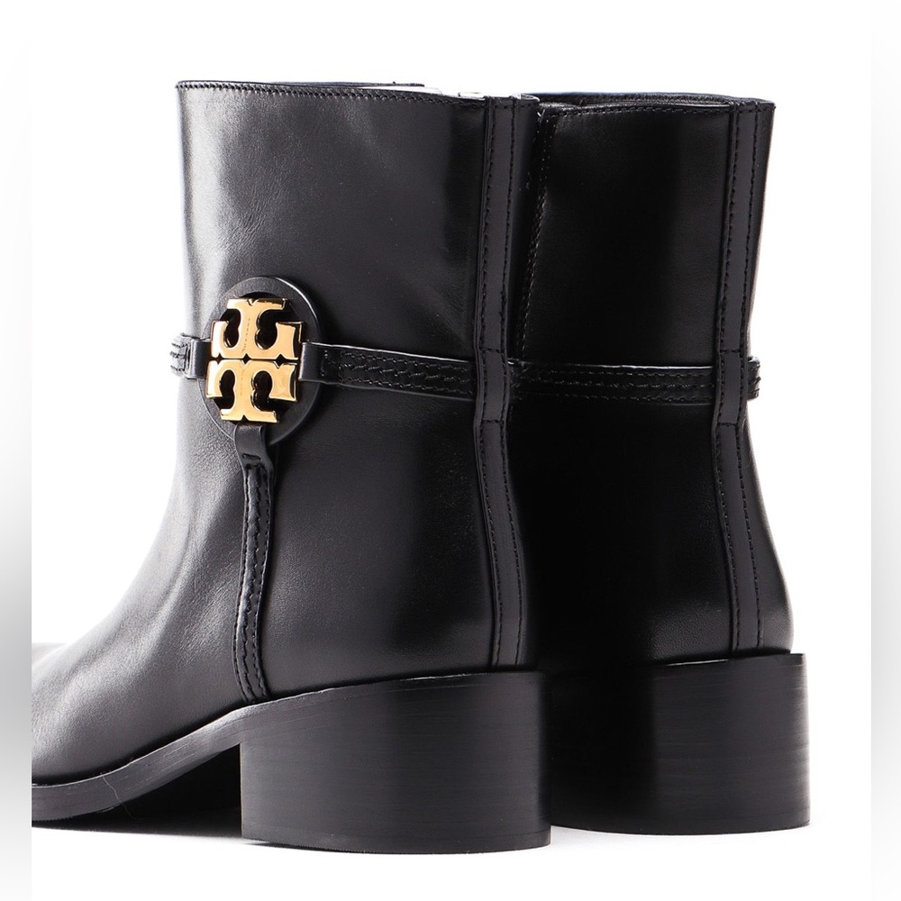 Tory Burch Black Leather Ankle Booties with Gold Emblem 7
